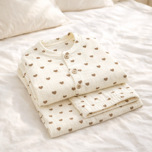 Girls beige heart cotton pajama set