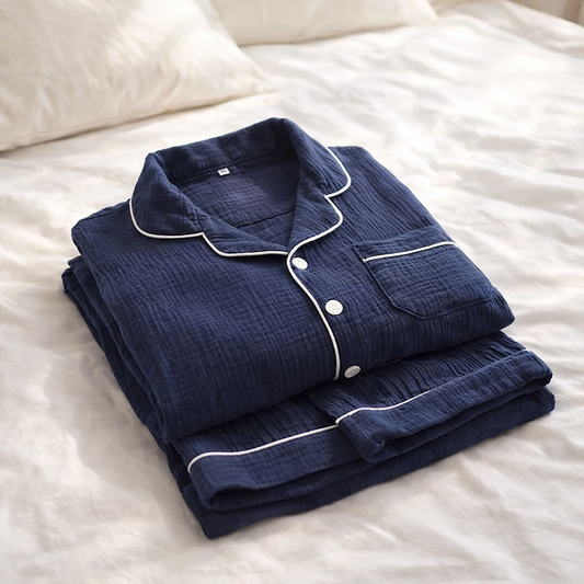 Folded navy blue pajama set with white trim on a white bed.